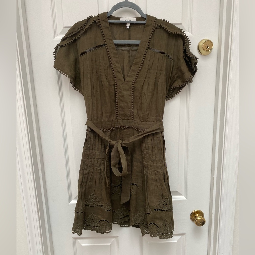 Reiss Khaki (olive green) Gemina Dress with Lace Embroidered Trim - Size 6